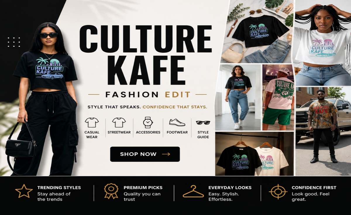 A promotional collage for Culture Kafe Fashion Edit featuring multiple models wearing graphic T-shirts, jeans, shorts, and sneakers, alongside product thumbnails and marketing text including 'SHOP NOW' and category icons for casual wear, streetwear, accessories, footwear, and style guide.